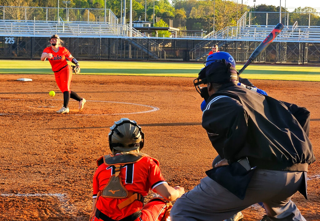 Alexandria’s Pressley Slaton pitches against Piedmont during Friday’s Calhoun County tournament championship game at Choccolocco Park. (Photo by Joe Medley)